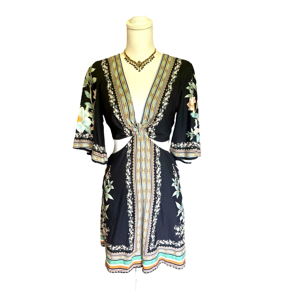 FARM Rio Black Floral Dress with Green and White Accents